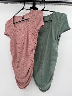SHEIN Dusty Rose and Sage Eyelet Scoop Neck Short Sleeve Maternity Tops Size S